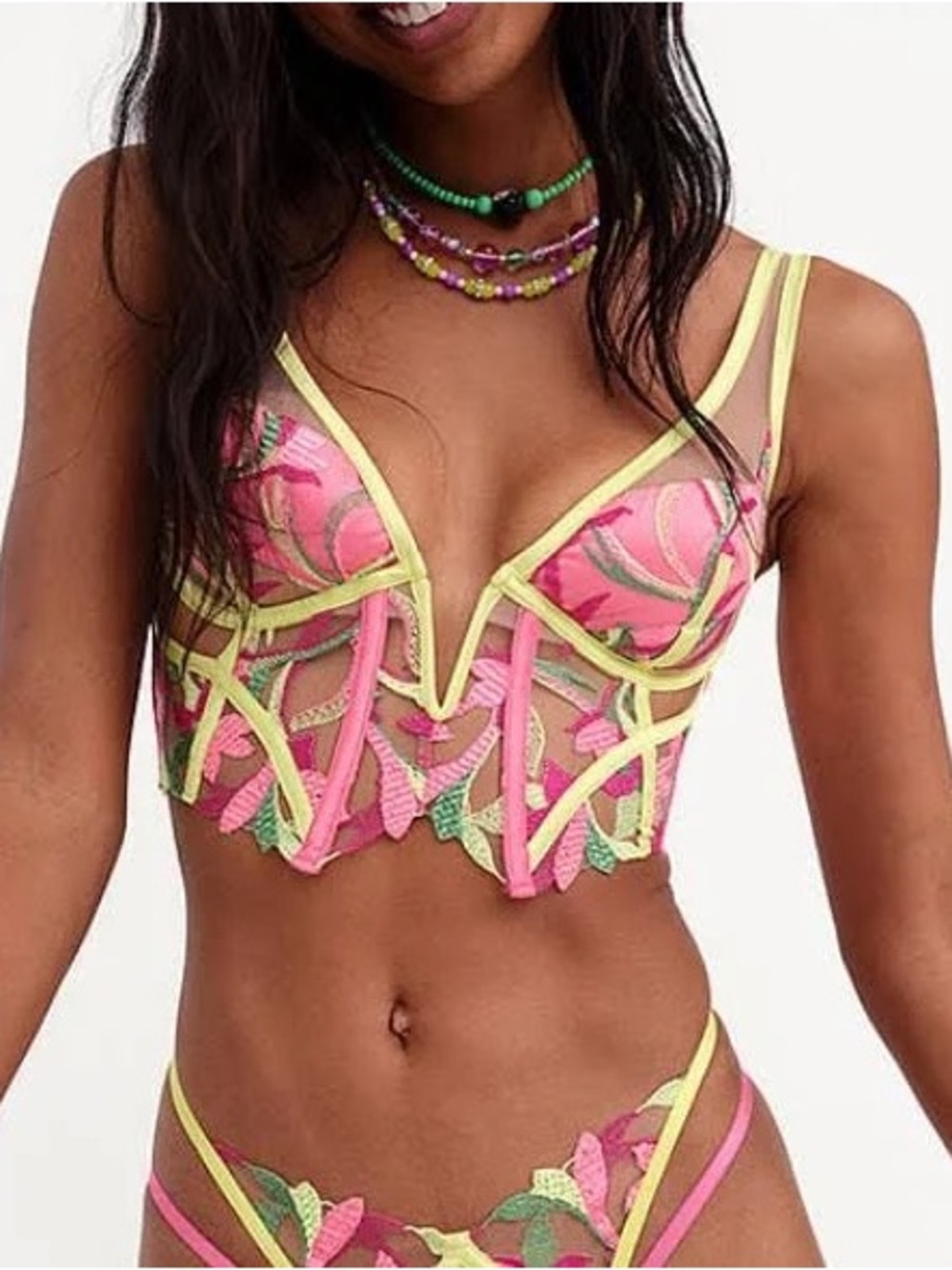For Love & Lemons Petunia Corset Bustier Longline Bra Embroidered Floral 32A
